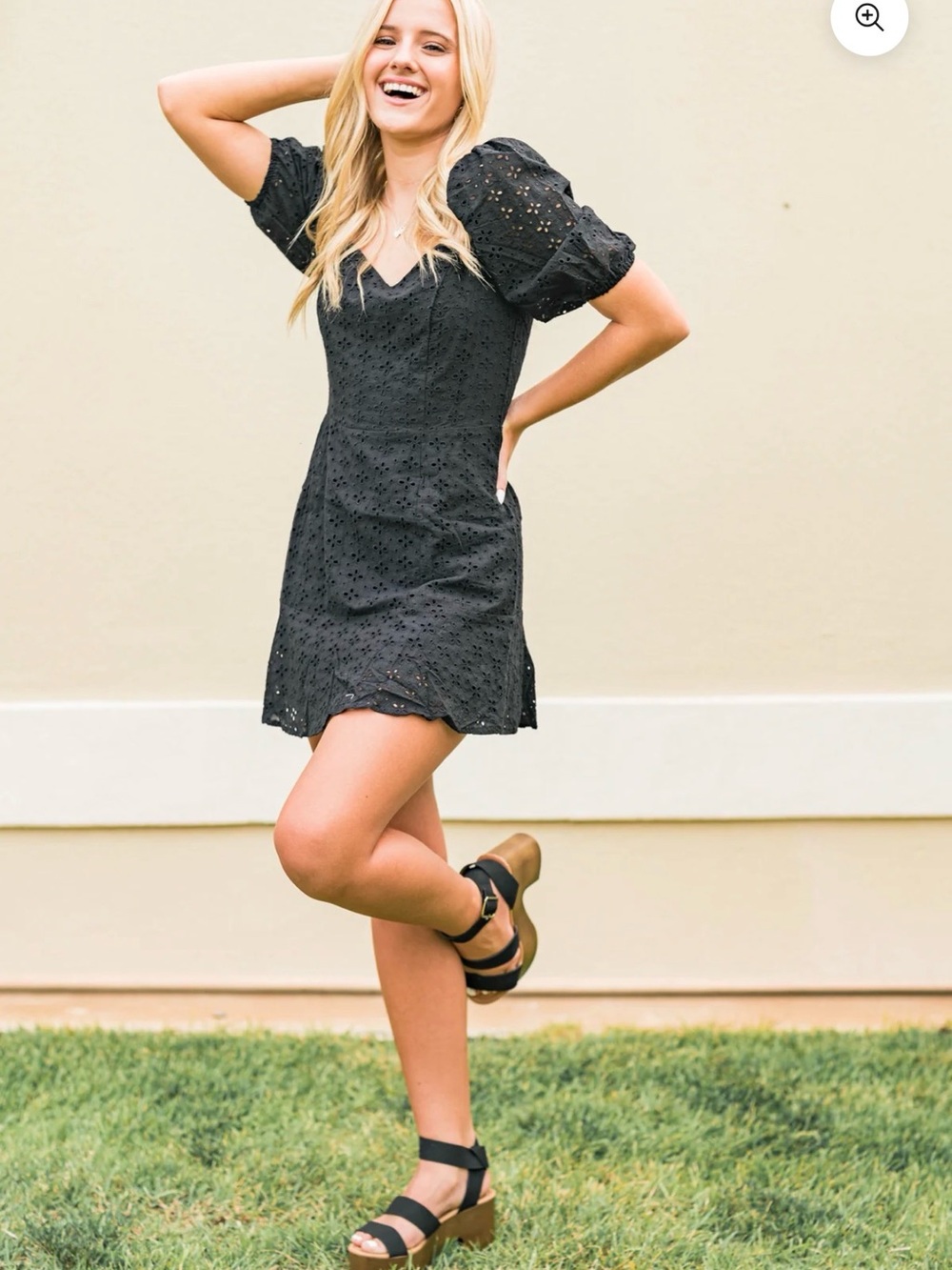 Sage Black Eyelet Puff-Sleeve Mini Dress